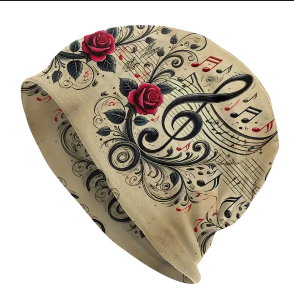 Musical Note Beanie with Red Roses